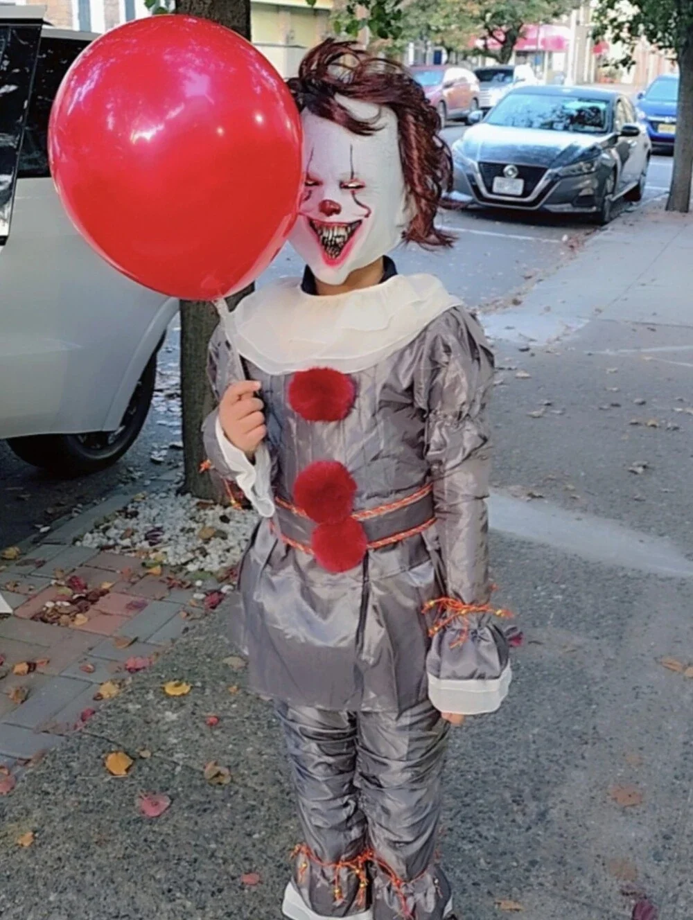 Child's Gray and Red Clown Costume with Balloon